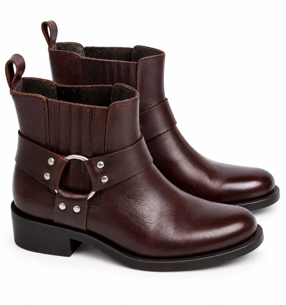 Cruza Brown Leather Harness Buckle Moto Biker Ankle Boots Size 37 US 7